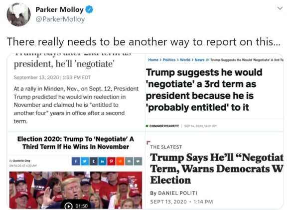 Media Matters' Parker Molloy tweets a compilation of news stories on Trump musing about a third term