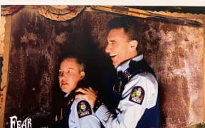 Wellington Paranormal stars Karen O'Leary and Mike Minogue at the Fear Factory.