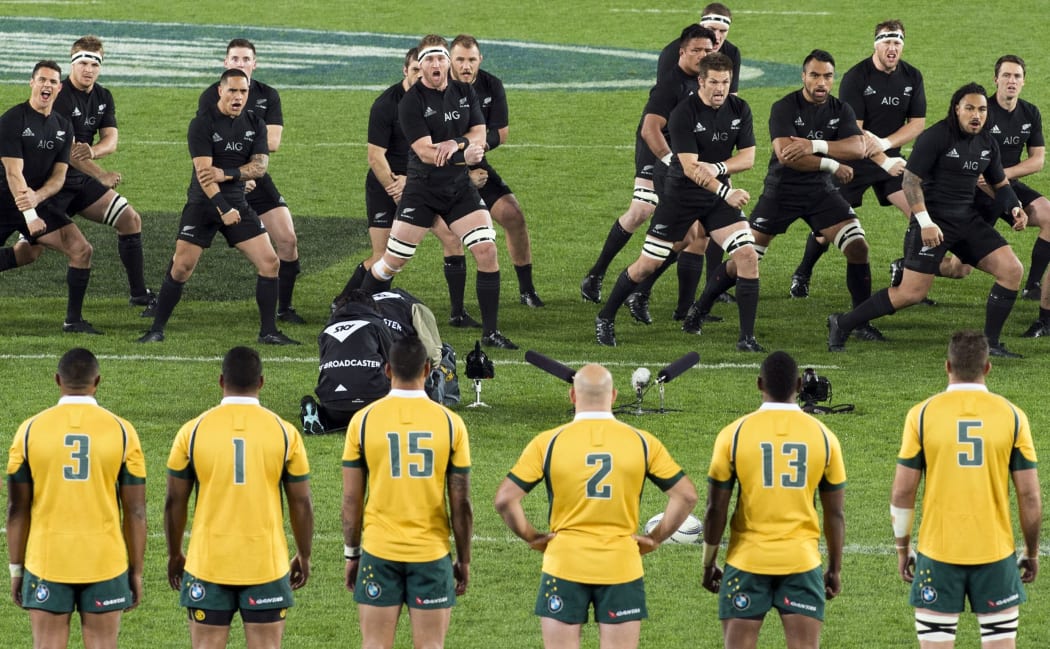 The Wallabies face the Haka at Eden Park, 2015.