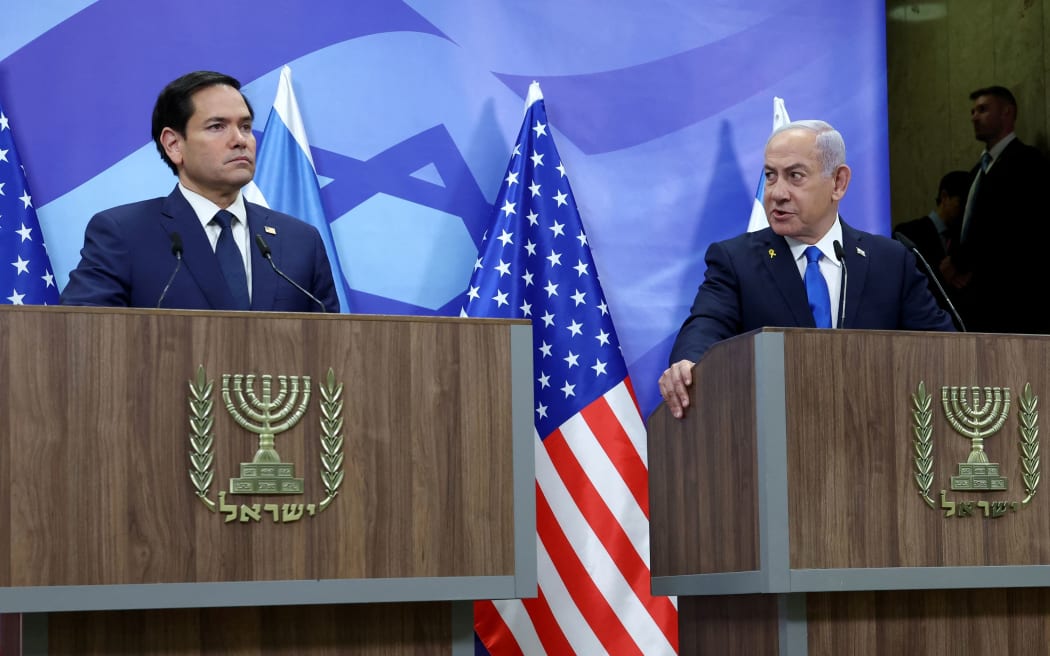 US Secretary of State Marco Rubio (L) and Israeli Prime Minister Benjamin Netanyahu make a joint statement to the media at the prime minister's office in Jerusalem on February 16. Rubio said Palestinian militant group Hamas "must be eliminated", after meeting on February 16 with Israel's prime minister.