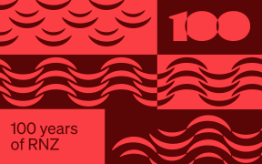 An abstract grid of patterns that overlap and contrast with one another. I one corner is a stylised "100" and in the other text that reads "100 years of RNZ"