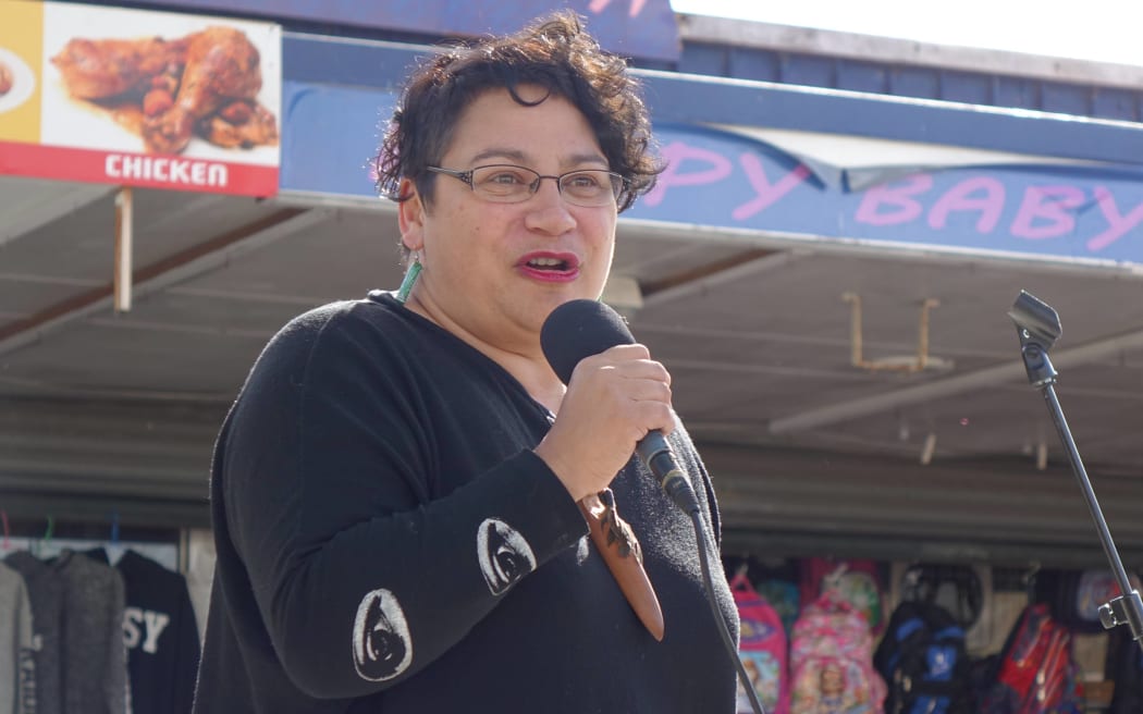 Metiria Turei speaks to the crowd at the rally.