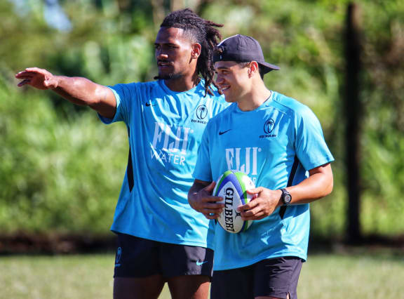 Caleb Muntz, holding ball, will debut for the Flying Fijians in the 2023 Pacific Nations Cup opener against Tonga on Saturday, 22 July 2023.