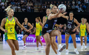 Silver Ferns midcourter Whitney Souness grabs the ball during the opening Constellation Cup win over Australia.