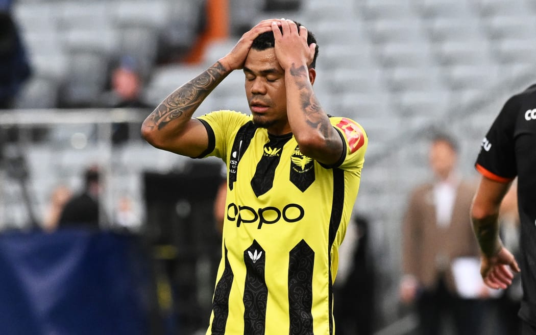 Dejected Phoenix player Yan Sasse during the Wellington Phoenix FC v Brisbane Roar football match. Eden Park, Auckland, New Zealand. Sunday 16 April 2023. ©Copyright Photo: Andrew Cornaga / www.photosport.nz