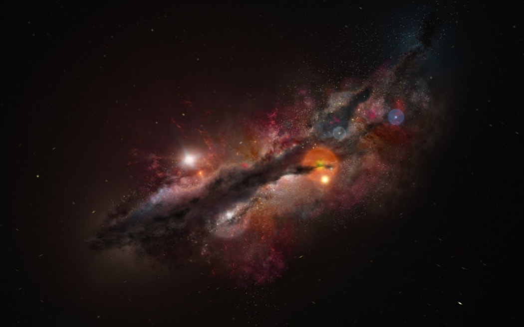 This is an artist’s impression of JADES-GS-z14-0, which as of today is the most distant confirmed galaxy. Galaxies in the early Universe tend to be clumpy and irregular. Supernova explosions in this galaxy would have spread heavy elements forged inside stars, like oxygen, which has been now detected with the Atacama Large Millimeter/submillimeter Array (ALMA).