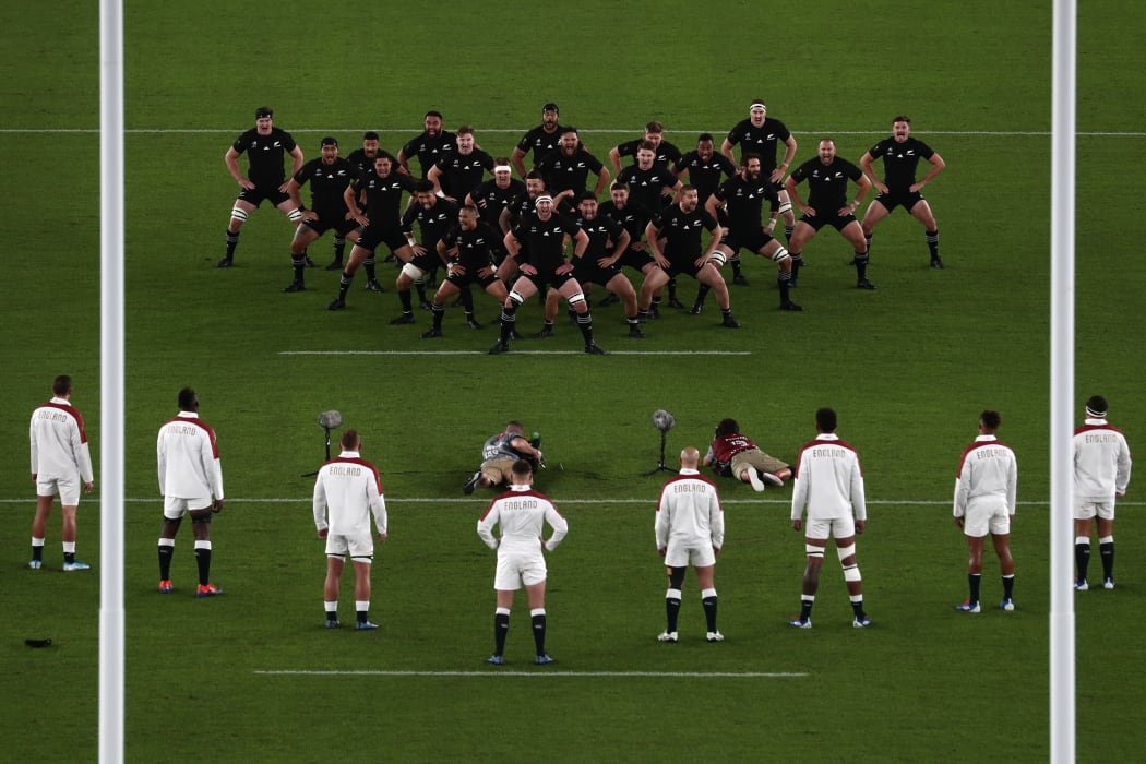 The All Blacks perform the haka before the Rugby World Cup semi-final match between England and New Zealand at the International Stadium Yokohama on October 26, 2019.