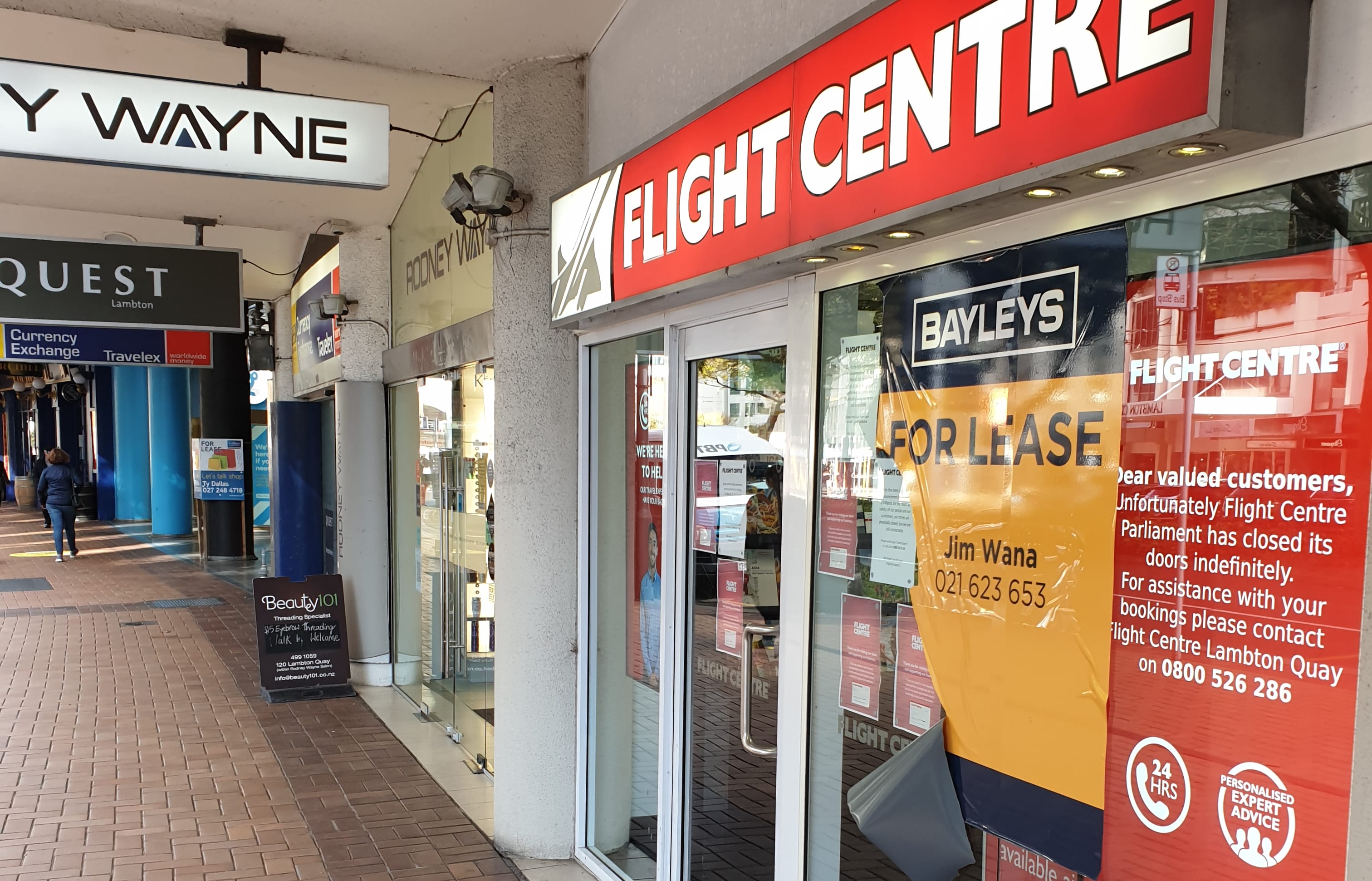 For lease sign on Flight Centre store in Wellington.