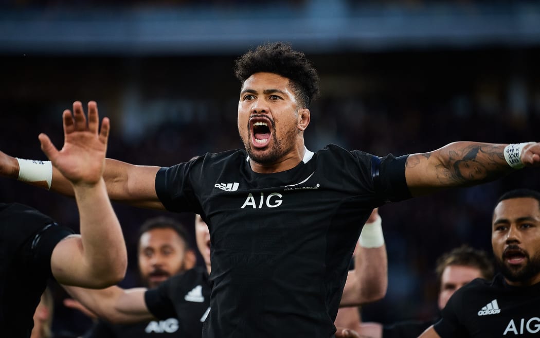 Ardie Savea performing the haka before the All Blacks Test against Australia in Perth in 2019.