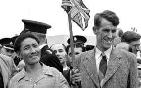Sherpa Tenzing Norgay and Sir Edmund Hillary arriving in Britain on 3 July 1953 after the Everest expedition.