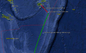 Rescue Coordination Centre map showing the location of the New Zealand yacht aground on a reef south-east of Fiji and the Orion flight path.