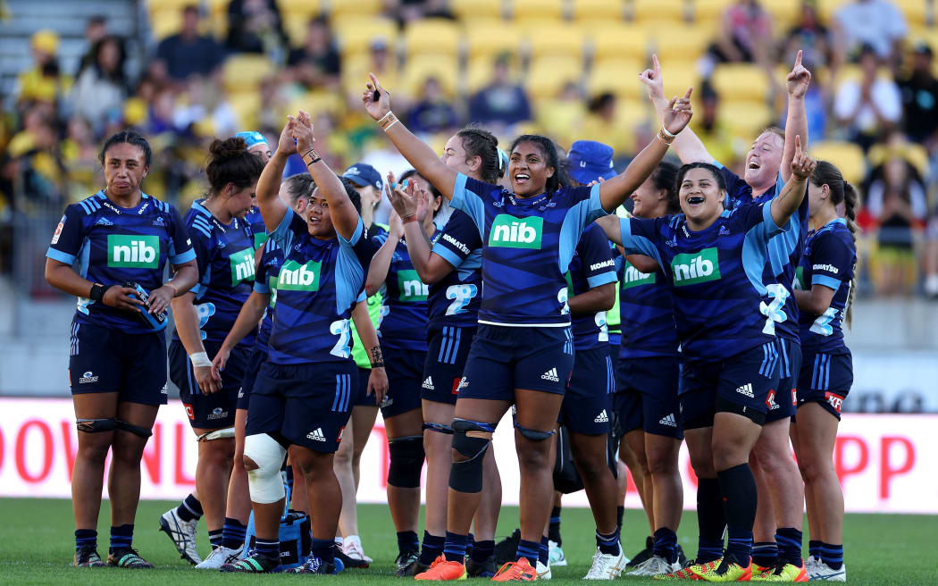 The Blues celebrate their win during the Super Rugby Aupiki match against Hurricanes Poua.
