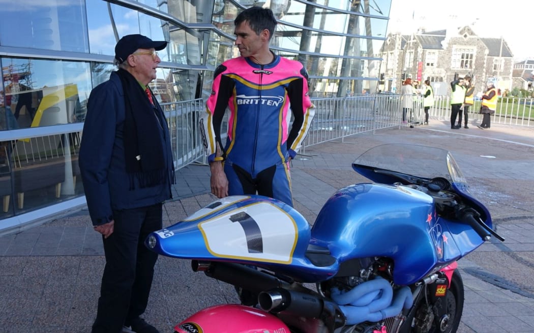 Billy Apple, left, and Andrew Stroud with the Britten motorcycle.