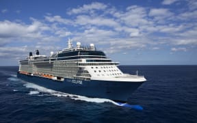 Celebrity Eclipse, EC, aerial, ship exterior, blue hull, Celebrity Revolution, clouds, water