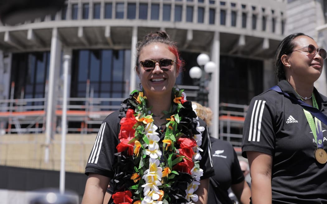 A crowd gathered outside Parliament to celebrate the Black Ferns' World Cup win, on 13 December, 2022, sang happy birth to player Ruby Tui.
