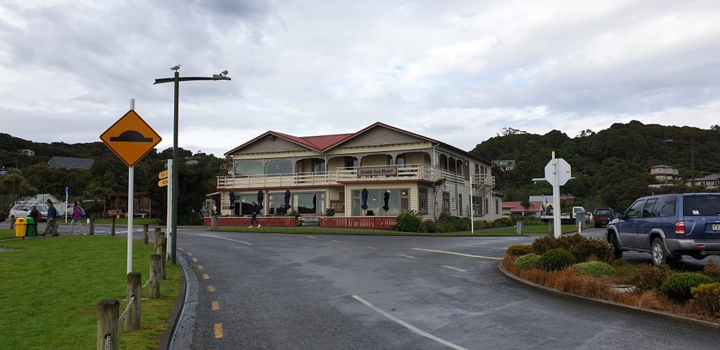 View of main street in the lone town of Oban on Stewart Island towards a hotel.