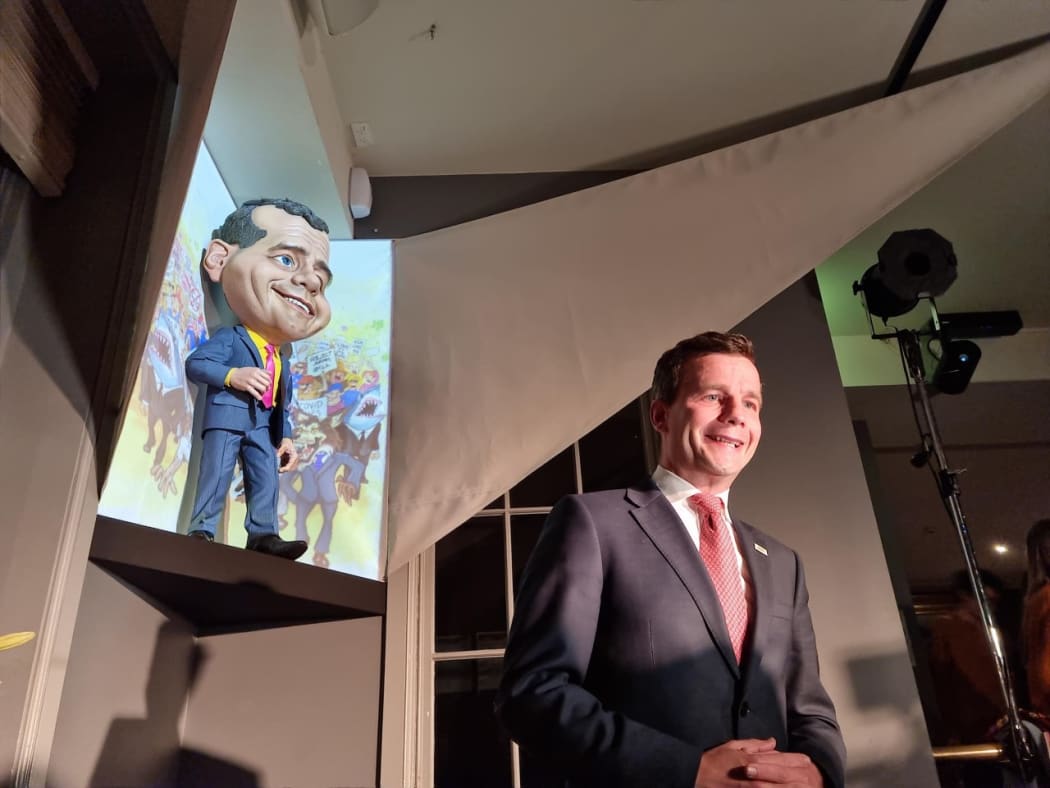ACT leader David Seymour with his puppet caricature at Wellington's Backbencher pub.