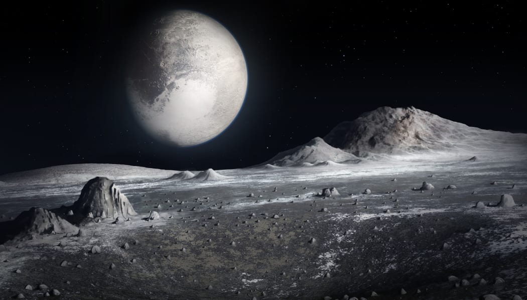 Illustration of Pluto seen from the surface of its largest moon, Charon.