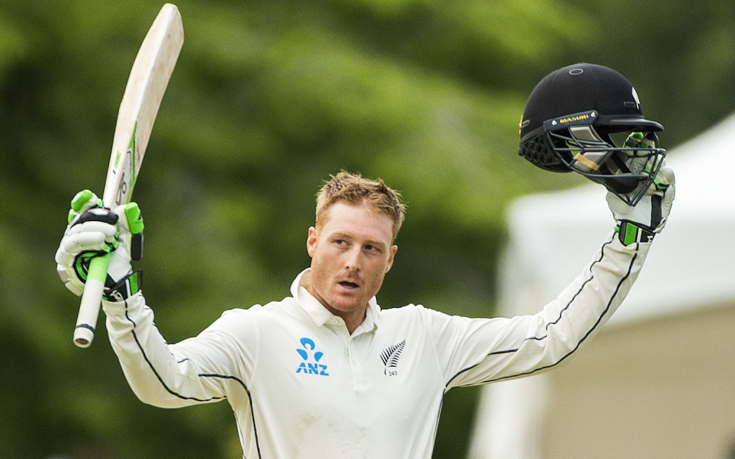 Martin Guptill celebrates his third Test century