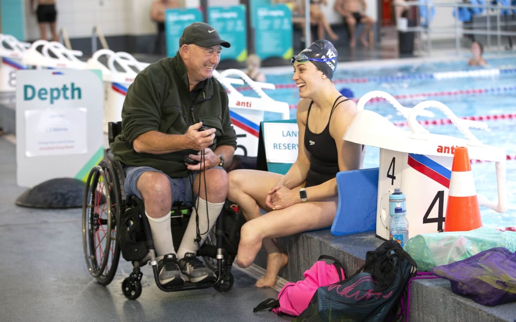 Swimmer Sophie Pascoe with her swim coach Roly Crichton at QE II Pool in New Brighton, Christchurch.