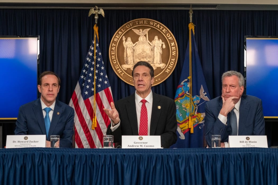 New York state Gov. Andrew Cuomo (C), New York City Mayor Bill DeBlasio (R) and New York state Department of Health Commissioner Howard Zucker hold a news conference on the first confirmed case of COVID-19 in New York .