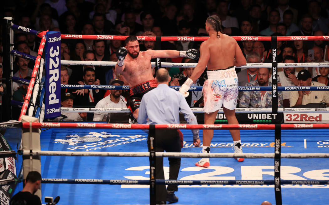 Joseph Parker is knocked out by Joe Joyce in the 11th round of the WBO Interim Heavyweight Championship of the World fight at AO Arena, Manchester, England