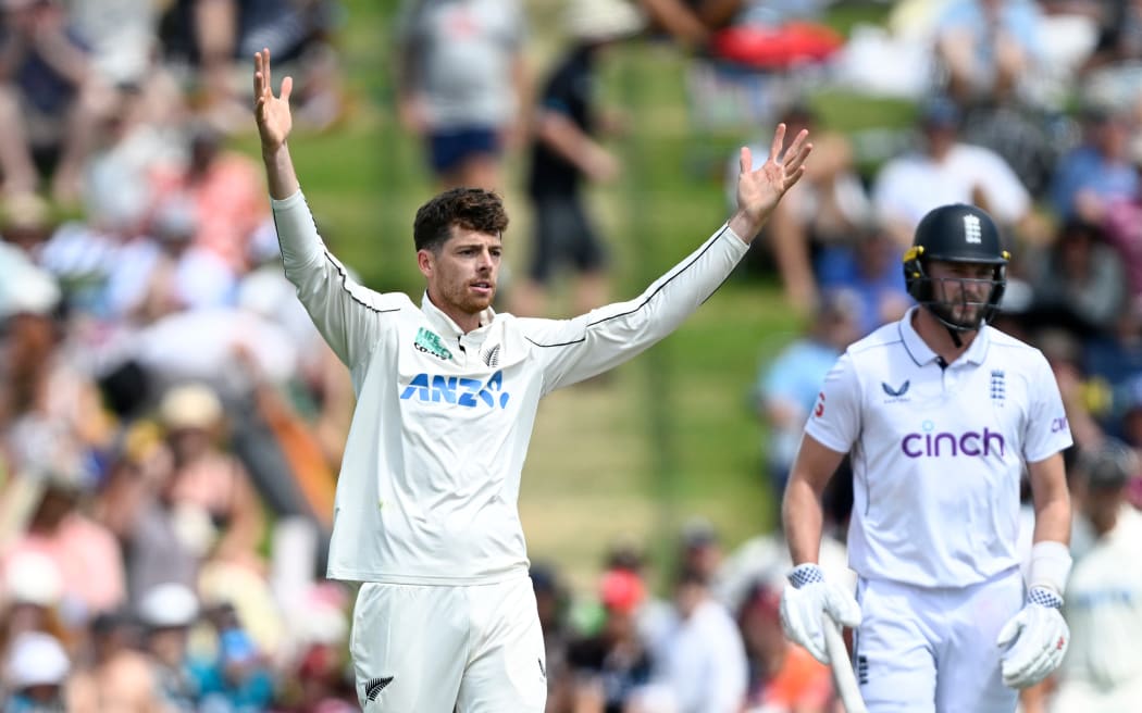 New Zealand's Mitchell Santner appeals successfully for a LBW decision to dismiss England's Ben Stokes on the second day of the third cricket test at Seddon Park in Hamilton. 15 December 15, 2024.