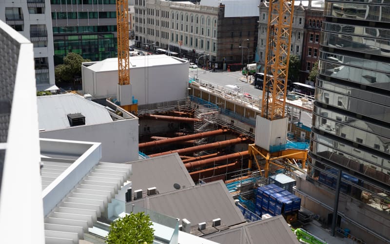 Building site of Seascape Apartments. View from carpark ramp to the right of 88 Shortland Street.