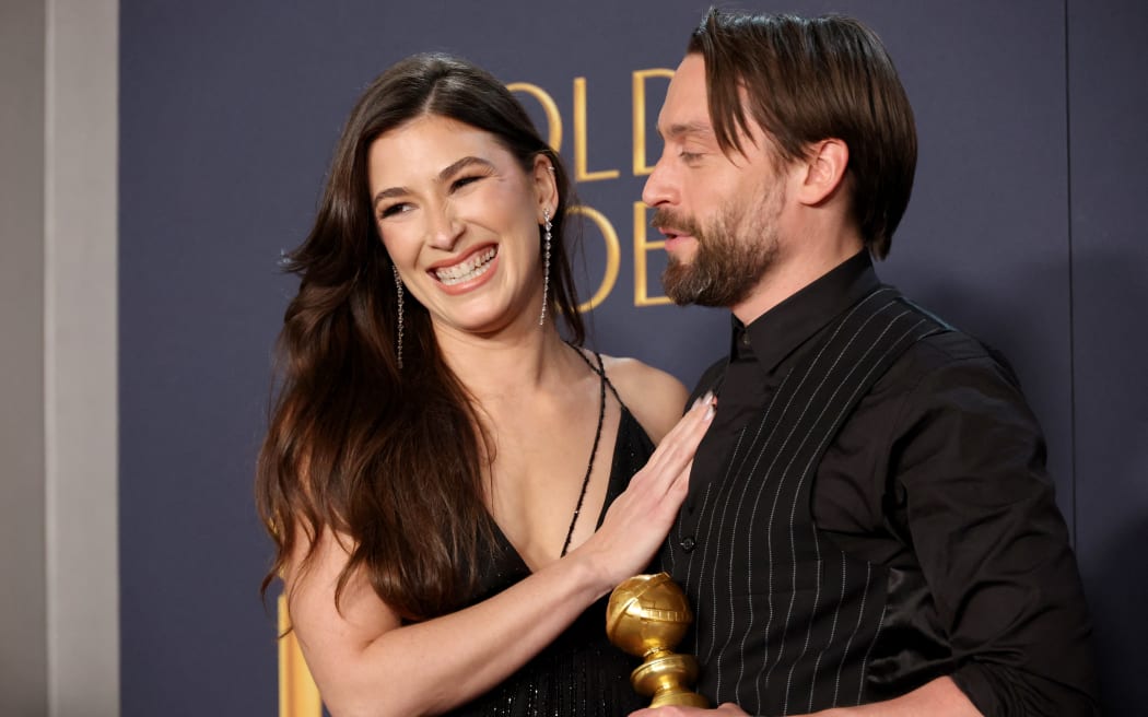 Jazz Charton and Kieran Culkin, winner of the Best Performance by a Male Actor in a Supporting Role in Any Motion Picture award for “A Real Pain,” pose in the press room during the 82nd Annual Golden Globe Award at The Beverly Hilton on January 05, 2025 in Beverly Hills, California.