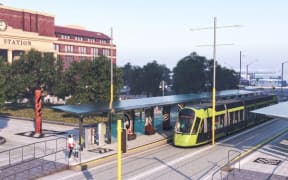 Illustration showing light rail in Wellington as part of transport options in the Let's Get Wellington Moving programme.