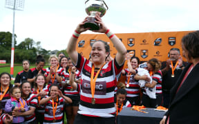 Counties Manukau captain Arihiana Marino holds the Farah Palmer Cup after win over Auckland