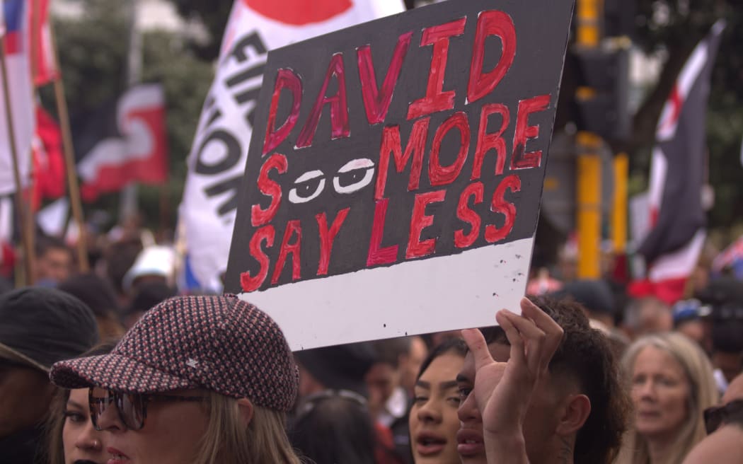 A placard at one of the hīkoi mō Te Tiriti marches.