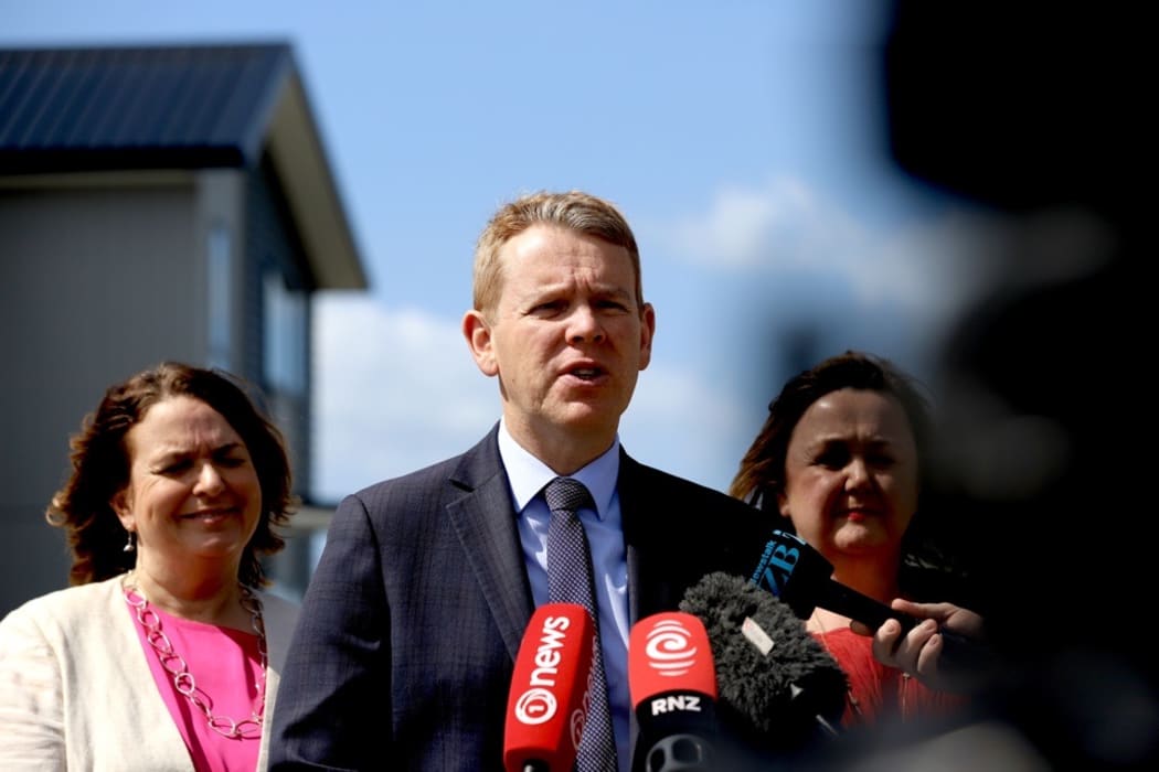 Labour leader Chris Hipkins speaks to media after announcing the party's solar panels and battery rebate policy.