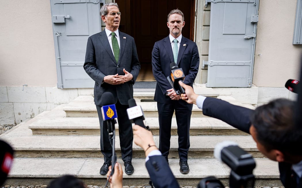 US Treasury Secretary Scott Bessent, left, and US Trade Representative Jamieson Greer speak to the media in Geneva.