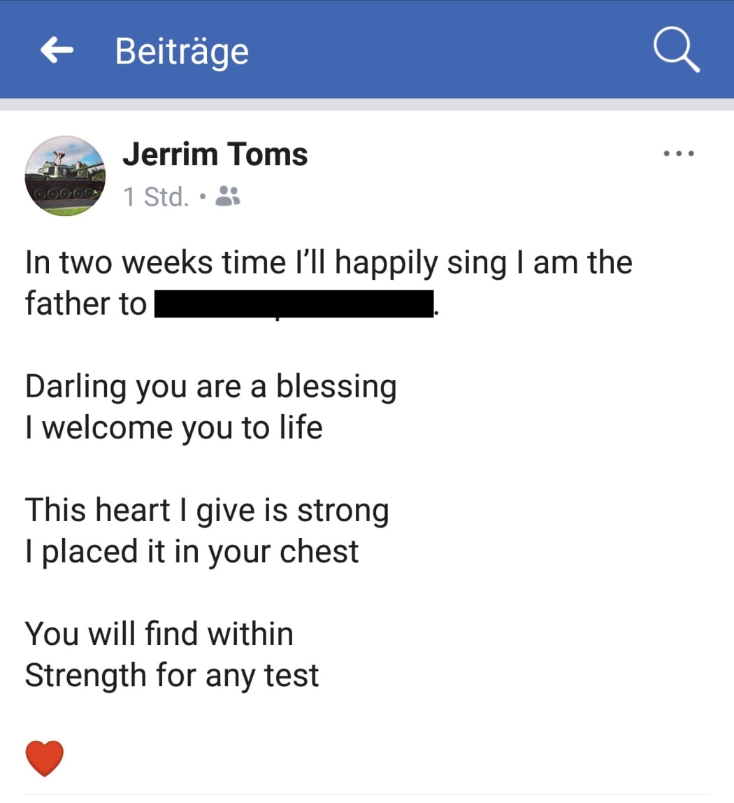 A Facebook post Mr Toms put up about his daughter on the day before he was shot dead by police.