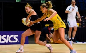 Samantha Winders of the Silver Ferns under pressure from Liz Watson of the Diamonds during the 3rd Constellation Cup netball match, New Zealand Silver Ferns Vs Australian Diamonds, Horncastle Arena, Christchurch, New Zealand, 6th March 2021. Copyright photo: John Davidson / www.photosport.nz