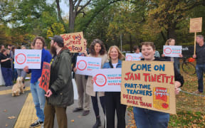 Christchurch teachers picketing at an intersection near Hagley Park today.