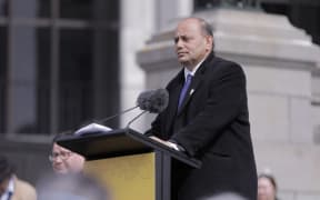 Minister Willie Jackson speaks to the crowds who have gathered outside Parliament in Wellington on 14 September, to marks 50 years since the Māori Language Petition was presented to Parliament.