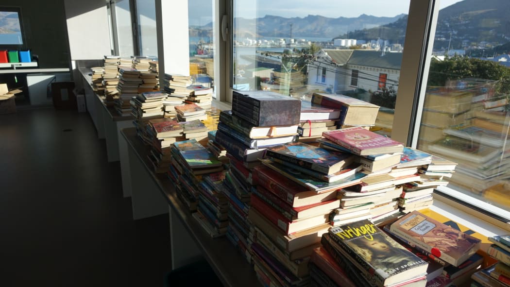 Books wait to go on the shelves at Lyttelton School.