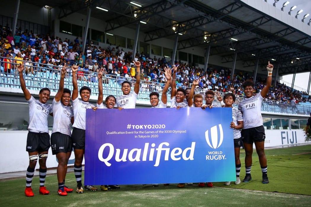 The Fiji women's sevens team celebrate qualifying for the Tokyo 2020 Olympics.