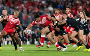 Tonga captain Jason Taumalolo charges ahead during the Paciﬁc Championship match against the Kiwis at Mount Smart Stadium in Auckland.