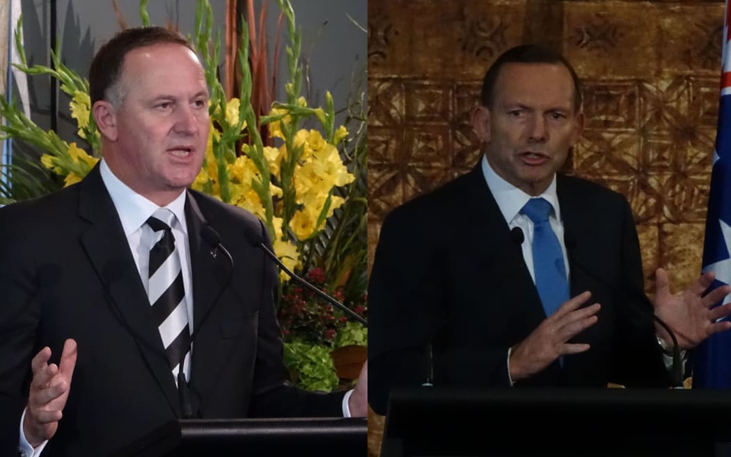 John Key and Tony Abbott speaking at a joint media conference in Auckland.