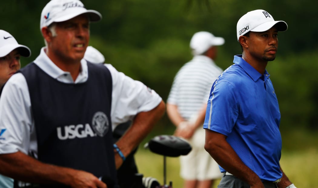 Steve Williams (left) alongside Tiger Woods on the second tee during Round One of the 113th US Open at Merion Golf Club in 2013.