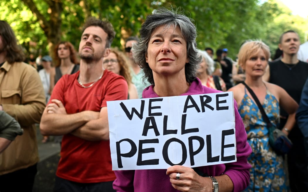 Counter-protesters gather in Bristol, southern England, on 3 August, against the 'Enough is Enough' demonstration held in reaction to the fatal stabbings in Southport on 29 July, 2024.