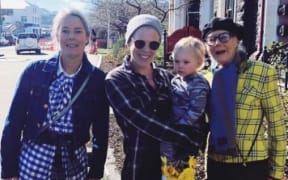 Pink and son Jameson Hart stop fashionable Dunedinites Harriet (left) and Barbara Brinsley