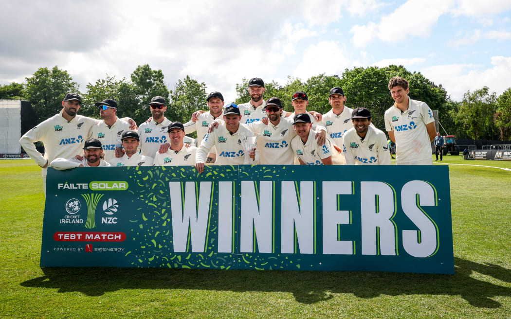 New Zealand's Black Caps players celebrate their victory over Ireland in a one-off test in Stormont, Belfast, Ireland on Friday, May 29, 2026. Photo: Nick Elliott / Photosport