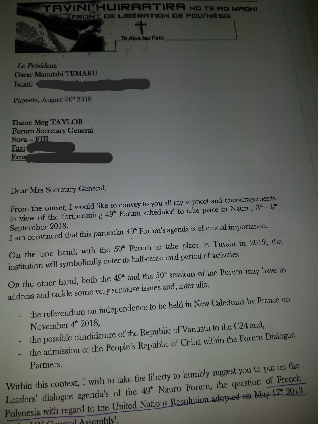 Copy of Oscar Temaru's letter to Forum leaders