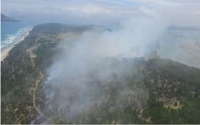 An aerial view of the fire on Matakana Island.