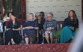 Prime Minister Jacinda Ardern, National Party leader Judith Collins and Greens co-leader Marama Davidson (on far right) at Te Whare Rūnanga on 4 February, 2021.