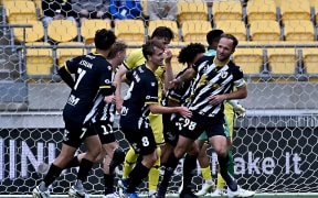 Valère Germain of Macarthur FC celebrates after scoring.